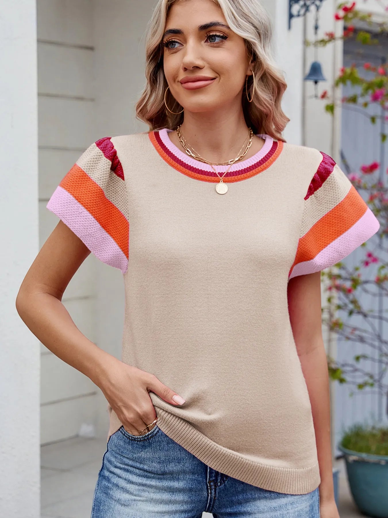 Colorblock Striped Short Sleeve Sweater - Tops by Trendsi | Available at Handbags Specialist Headquarter