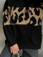 Leopard Color Block Round Neck Sweater - Tops by Trendsi | Available at Handbags Specialist Headquarter