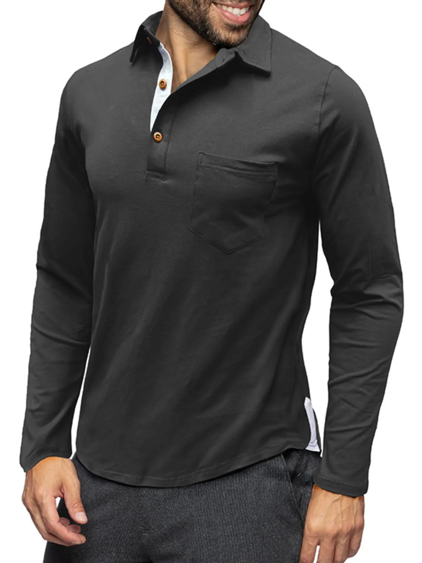 Men's Long Sleeve Polo Shirt with Chest Pocket - Men's Polo shirt by Trendsi | Available at Handbags Specialist Headquarter