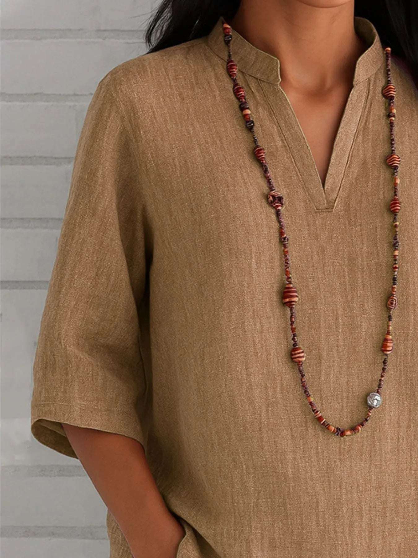 Full Size Notched Three-Quarter Sleeves Blouse Plus Size - Tops by Trendsi | Available at Handbags Specialist Headquarter