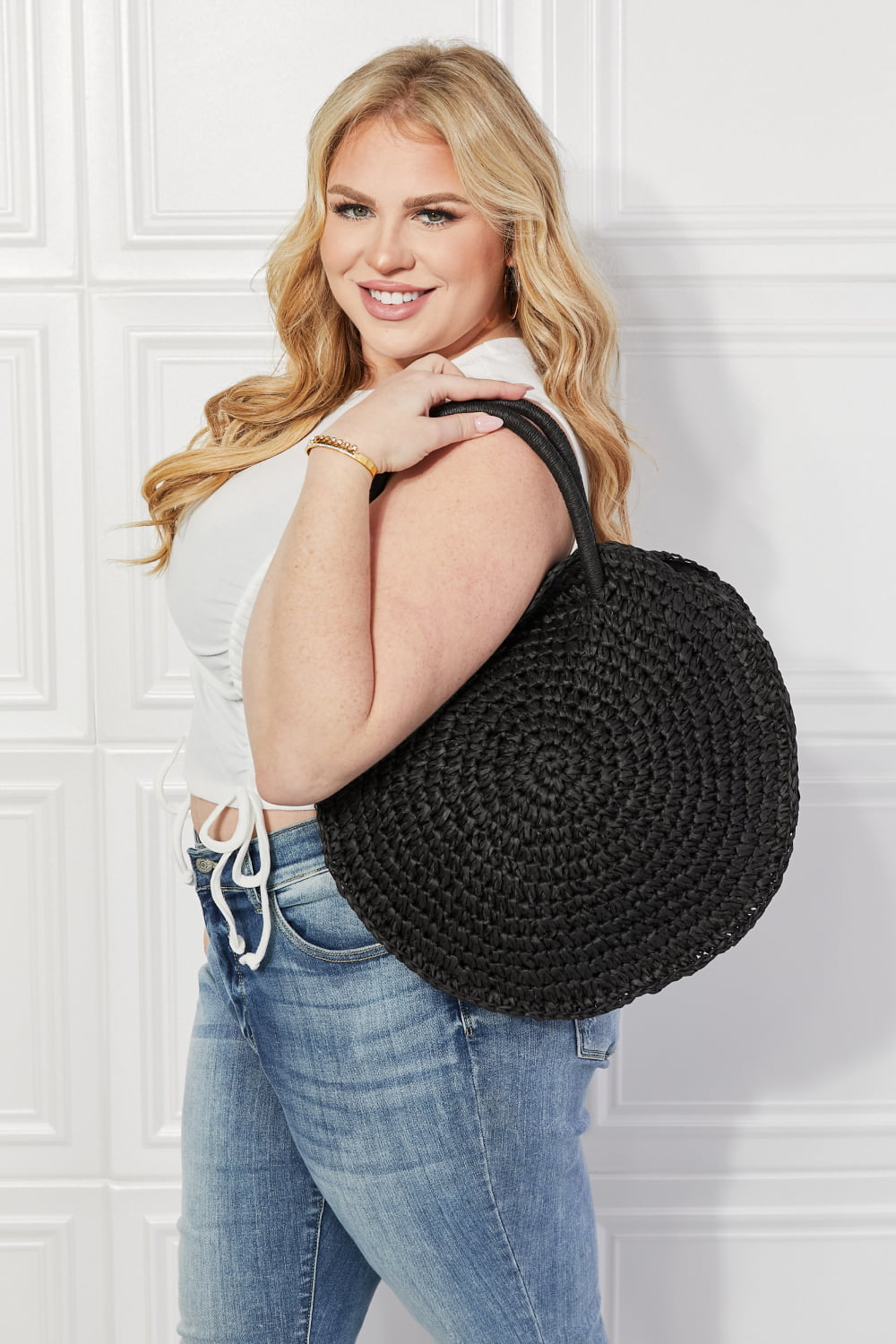 Justin Taylor Beach Date Straw Rattan Handbag in Black - handbags by Trendsi | Available at Handbags Specialist Headquarter