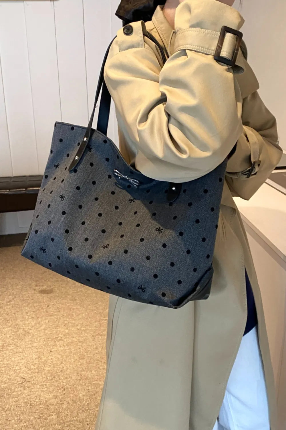 Polyester Bow Polka Dot Tote Bag - Tote Bag by Trendsi | Available at Handbags Specialist Headquarter