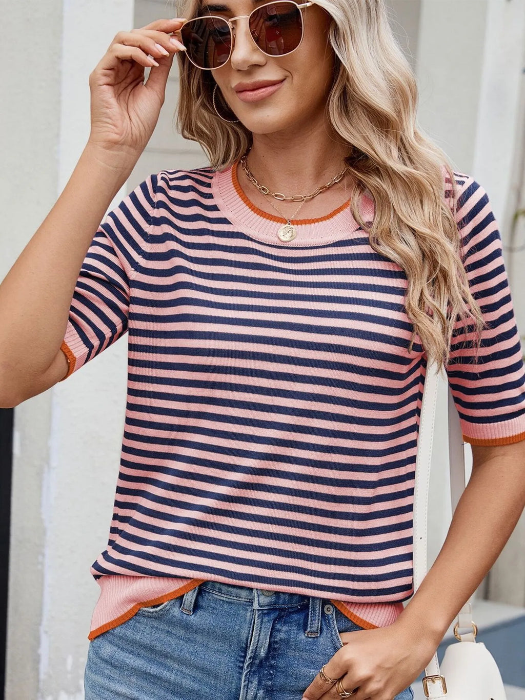 Striped Casual T-Shirt with Contrast Trim - Tops by Trendsi | Available at Handbags Specialist Headquarter