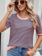 Striped Casual T-Shirt with Contrast Trim - Tops by Trendsi | Available at Handbags Specialist Headquarter