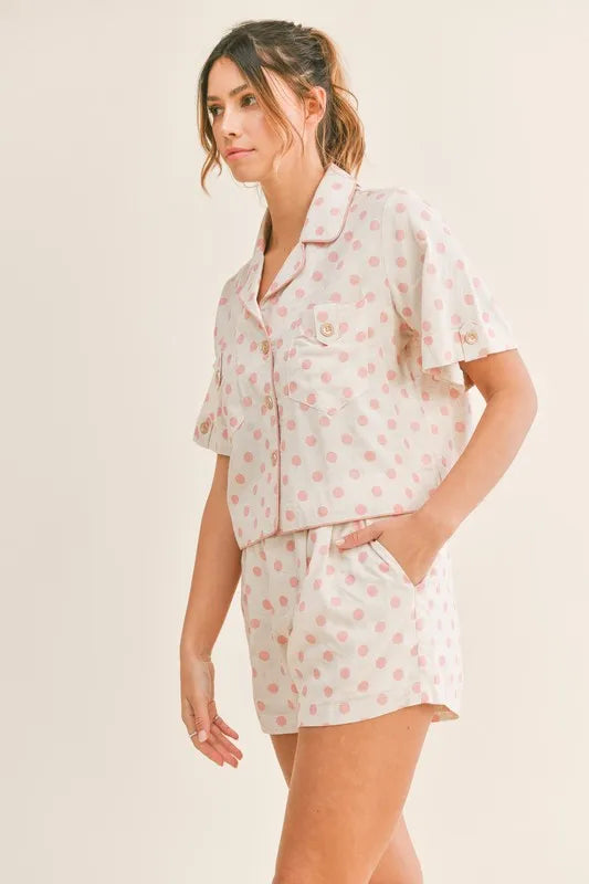 MABLE Polka Dot Collar Crop Top and Short Lounge Set - Sleepwear by Trendsi | Available at Handbags Specialist Headquarter