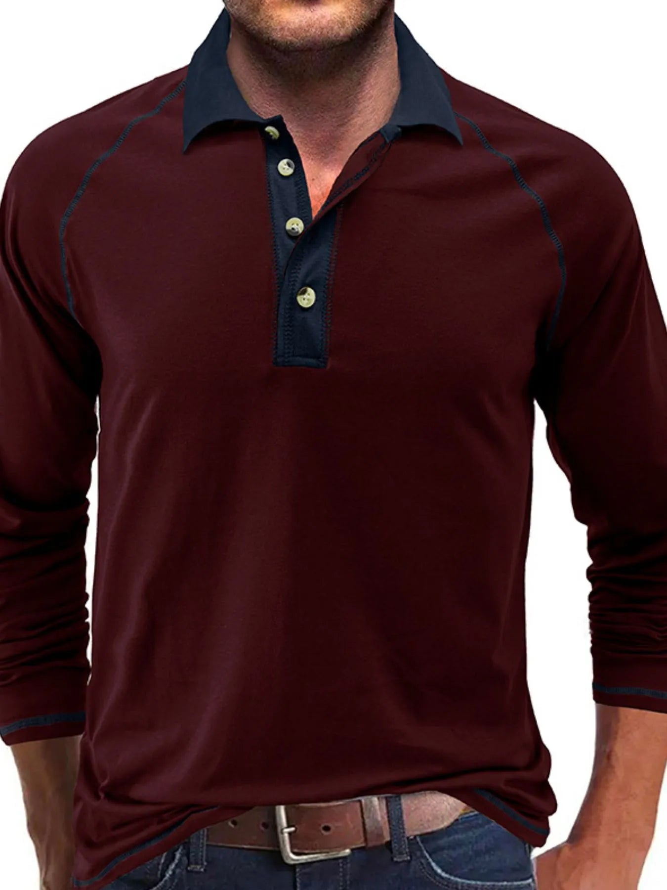 Men's Contrast Collar Long Sleeve Polo Shirt - Men's Polo shirt by Trendsi | Available at Handbags Specialist Headquarter