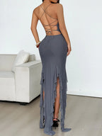 Ruffle Hem Lace Up Bodycon Cami Dress - Maxi Dress by Trendsi | Available at Handbags Specialist Headquarter