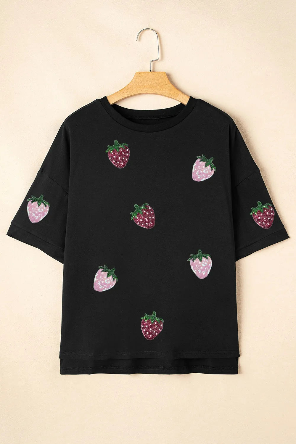 Sequin Strawberry High Low Half Sleeve Relaxed Fit T-Shirt - Tops by Trendsi | Available at Handbags Specialist Headquarter