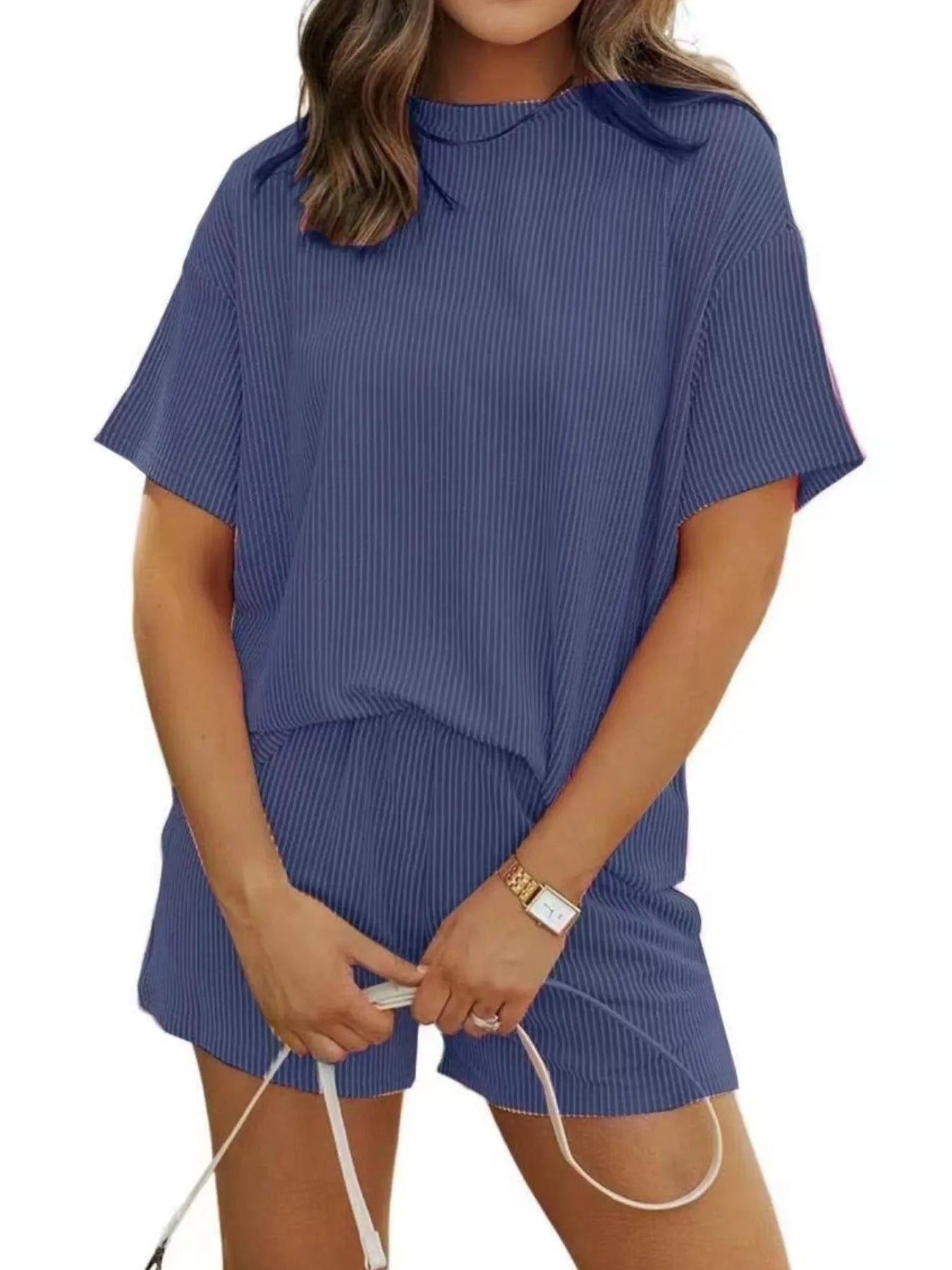 Full Size Ribbed Short Sleeve Top and Shorts Two-Piece Set Plus Size - Sleepwear by Trendsi | Available at Handbags Specialist Headquarter