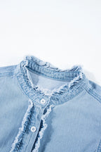 Button Down Raw Hem Ruffled Denim Shirt - Women / Jeans & Denim by Trendsi | Available at Handbags Specialist Headquarter