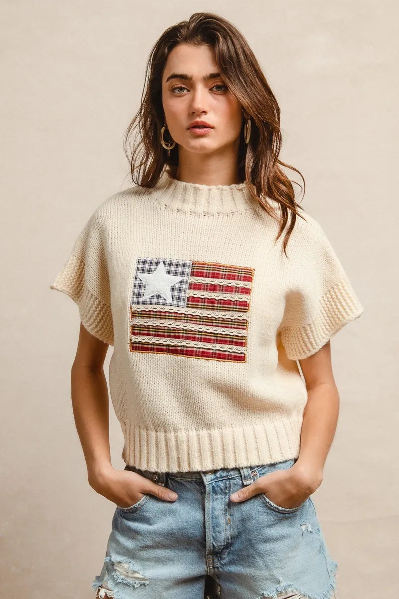 BiBi American Flag Patchwork Drop Shoulder Sweater - Tops by Trendsi | Available at Handbags Specialist Headquarter