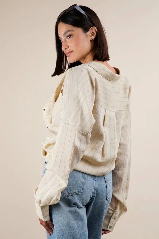 VERY J Full Size Oversized Striped Button Down Shirt Top Plus Size - Women's Down Shirt Tops by Trendsi | Available at Handbags Specialist Headquarter