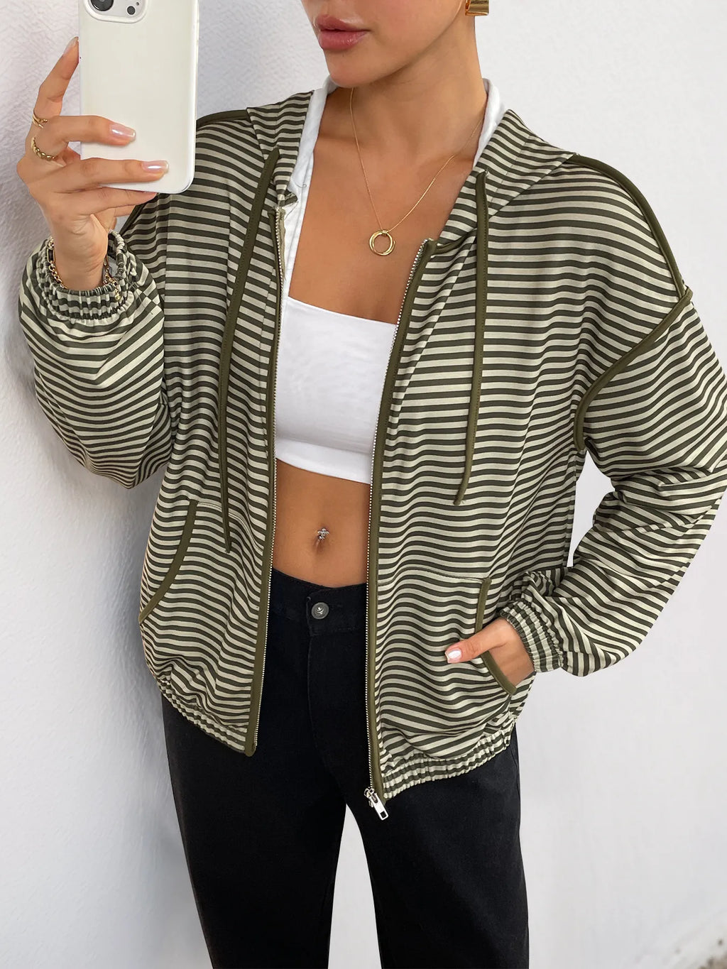 Striped Zip Up Oversized Hoodie - Tops by Trendsi | Available at Handbags Specialist Headquarter