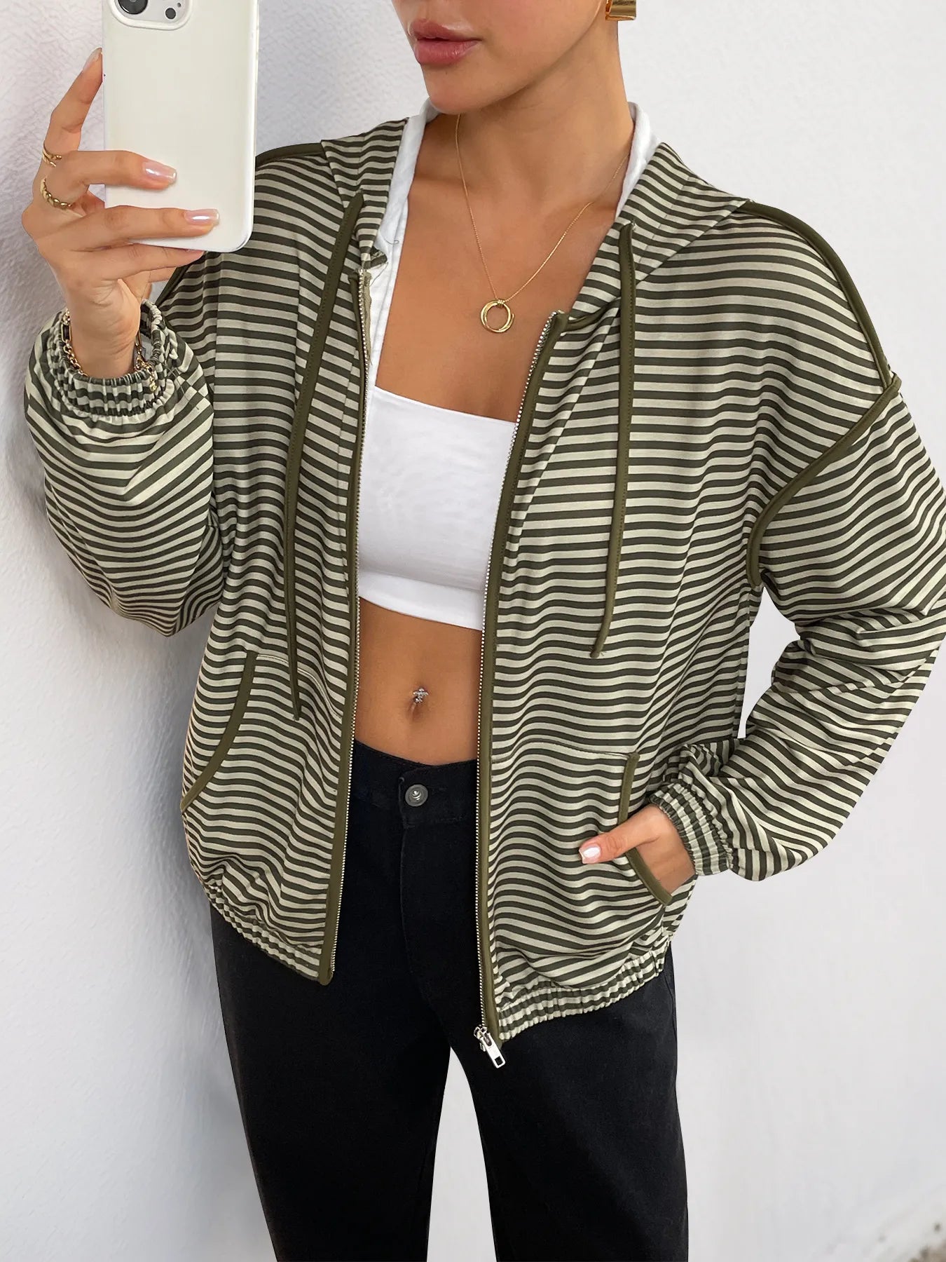 Striped Zip Up Oversized Hoodie - Tops by Trendsi | Available at Handbags Specialist Headquarter