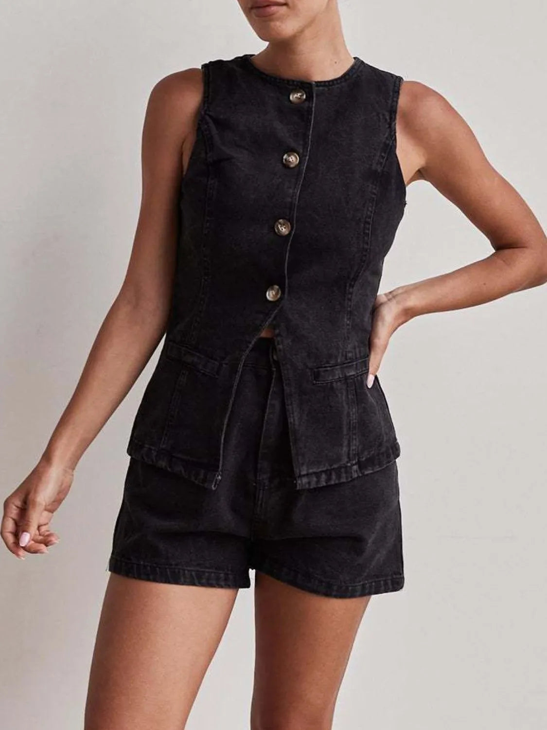 Button Down Vest and Shorts Denim Set - Women / Jeans & Denim by Trendsi | Available at Handbags Specialist Headquarter