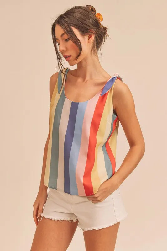 Aemi + Co Contrast Striped Scoop Neck Tie Shoulder Tank - Tops by Trendsi | Available at Handbags Specialist Headquarter