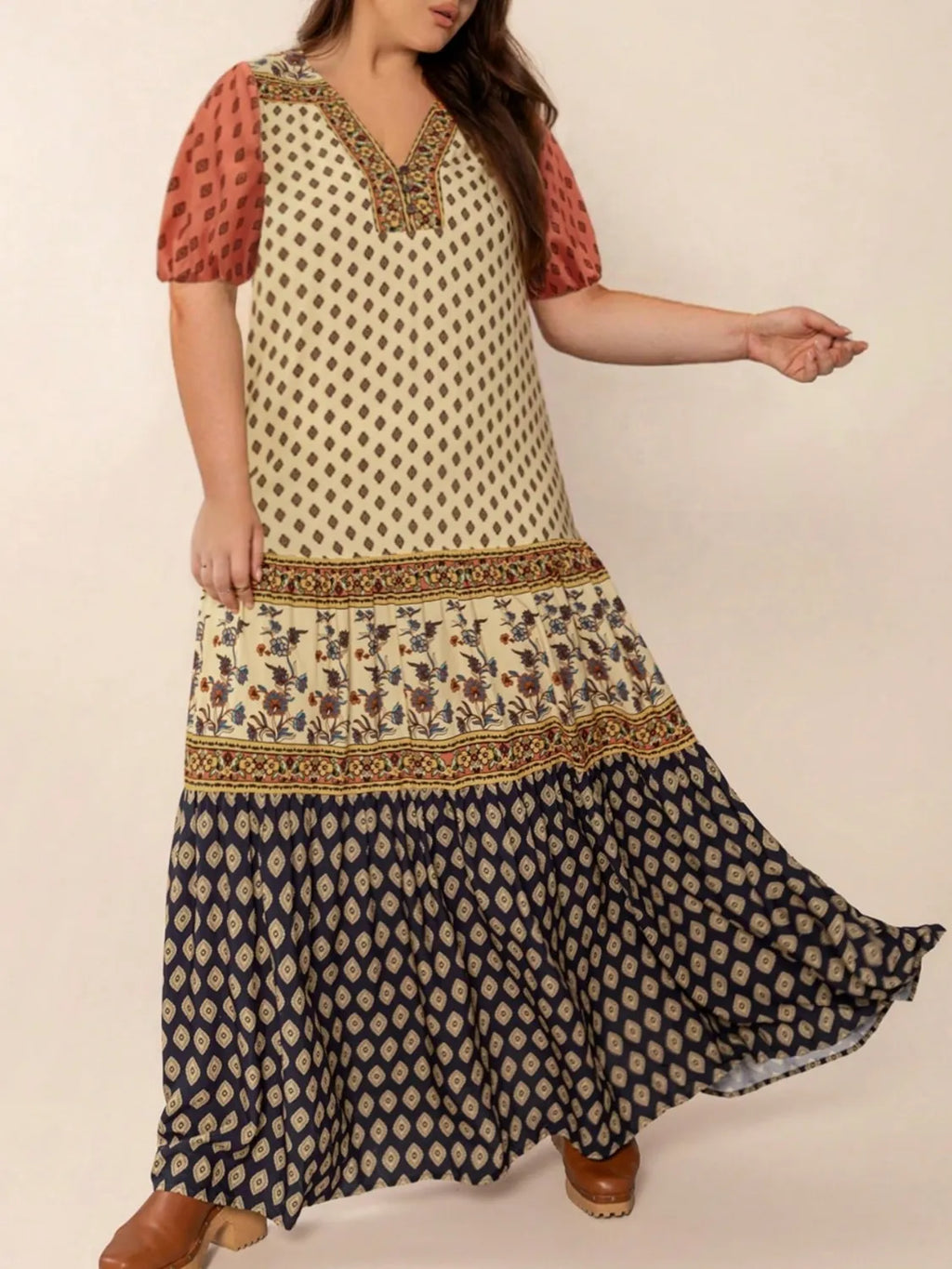 Plus Size Ruched Printed Short Sleeve Midi Dress - Dresses by Trendsi | Available at Handbags Specialist Headquarter