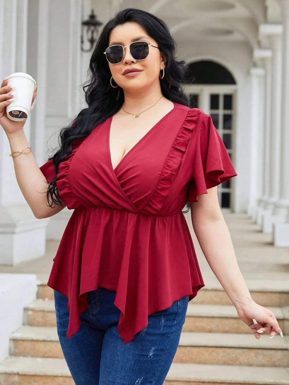 Plus Size Frill Surplice Flutter Sleeve Blouse - Plus Size Shirts by Trendsi | Available at Handbags Specialist Headquarter