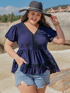 Plus Size Peplum V-Neck Short Sleeve Blouse - Plus Size Shirts by Trendsi | Available at Handbags Specialist Headquarter