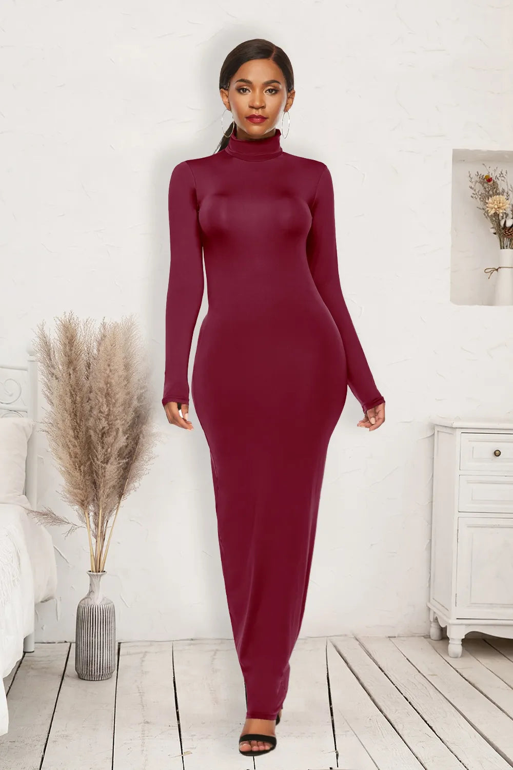 Mock Neck Long Sleeve Maxi Slim Dress - Maxi Dress by Trendsi | Available at Handbags Specialist Headquarter