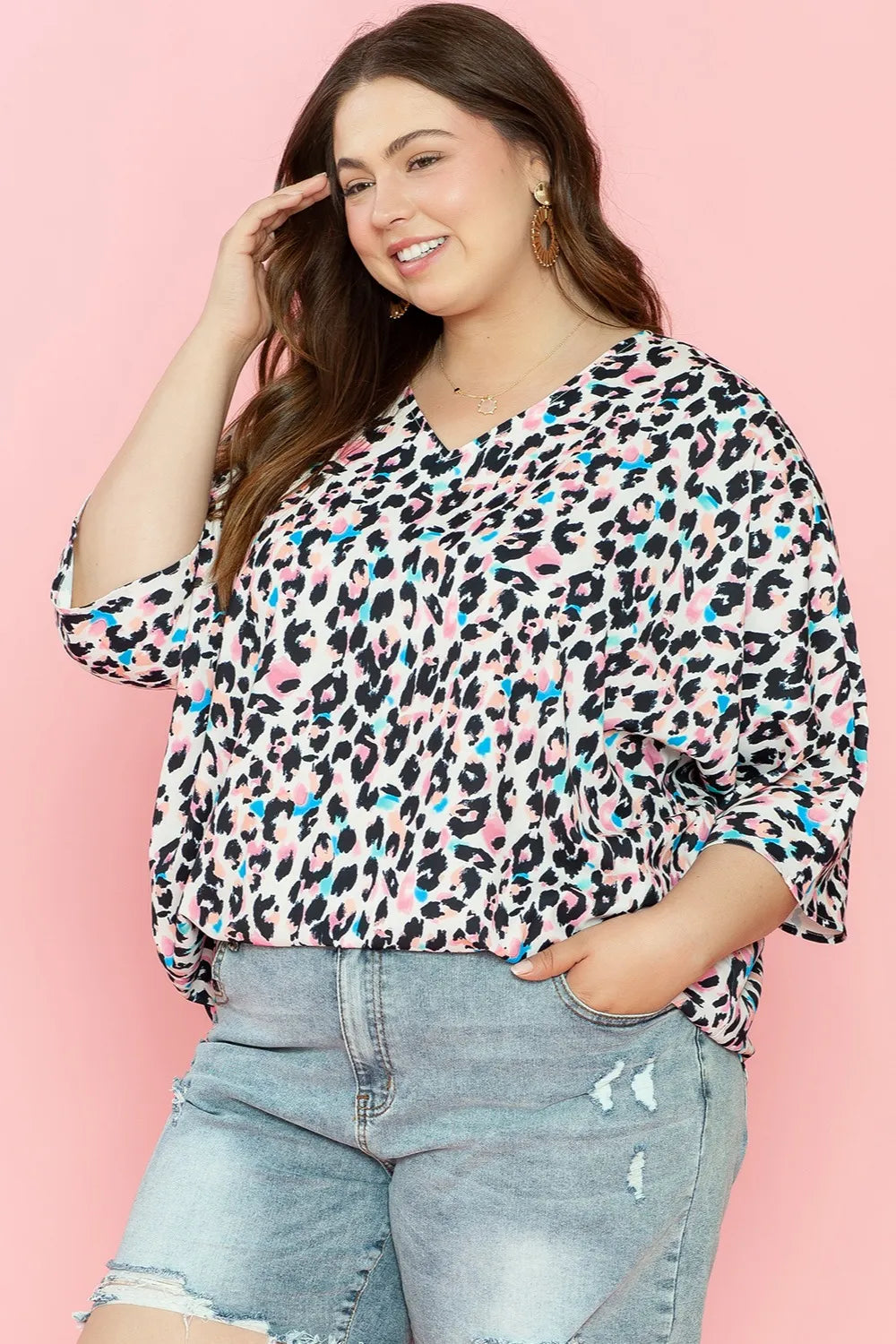 Plus Size Leopard V-Neck Three-Quarter Sleeve Blouse - Plus Size Shirts by Trendsi | Available at Handbags Specialist Headquarter
