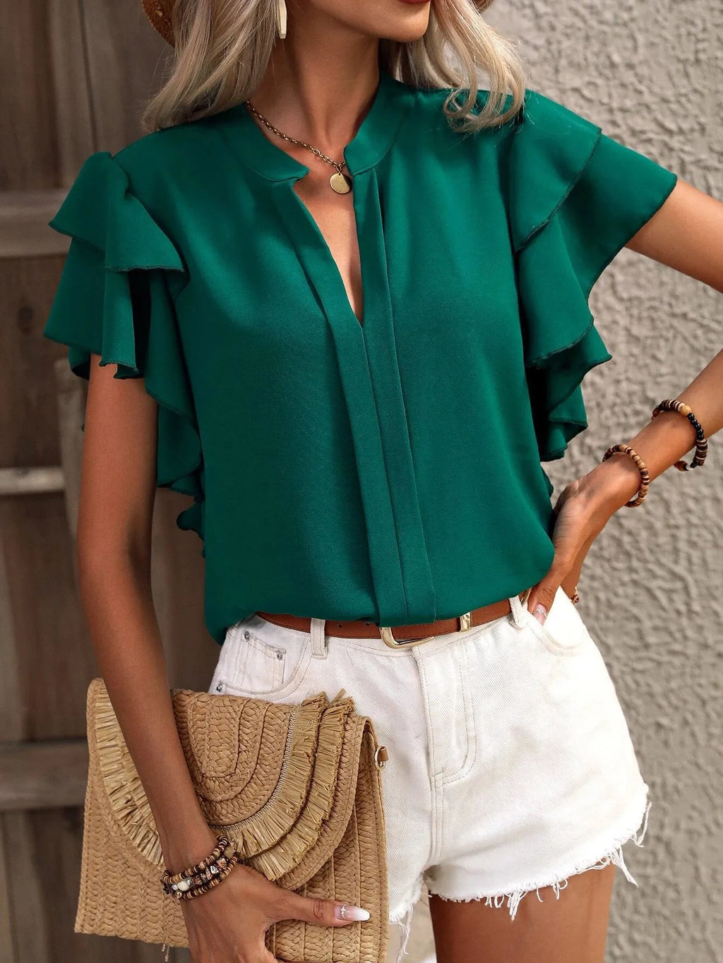Ruffle Sleeve Notched Blouse - Tops by Trendsi | Available at Handbags Specialist Headquarter