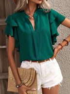 Ruffle Sleeve Notched Blouse - Tops by Trendsi | Available at Handbags Specialist Headquarter