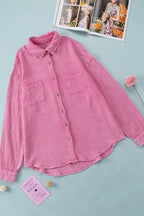 Button Down Collared Neck Long Sleeve Shirt - Women's Down Shirt Tops by Trendsi | Available at Handbags Specialist Headquarter