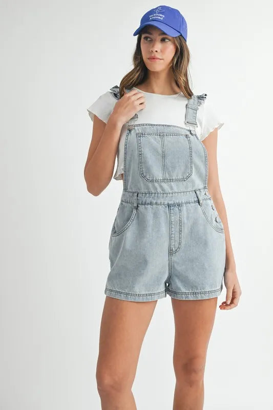 MABLE Square Neck Ruffle Shoulder Denim Overall Romper - Women / Jeans & Denim by Trendsi | Available at Handbags Specialist Headquarter