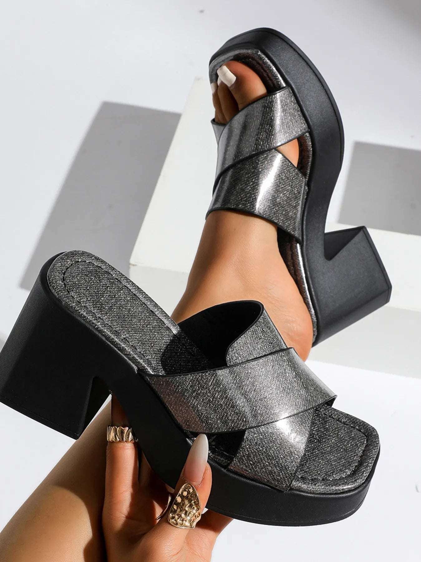 Platform Block Heel Slide Sandals - Women Sandals by Trendsi | Available at Handbags Specialist Headquarter