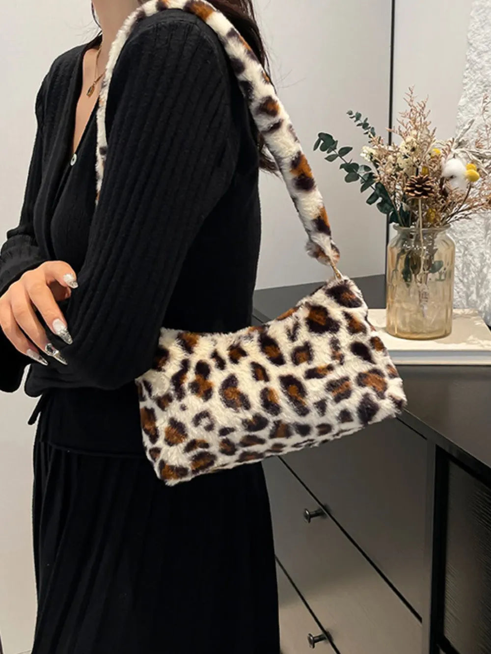 Leopard Fluff Shoulder Bag - Handbags by Trendsi | Available at Handbags Specialist Headquarter