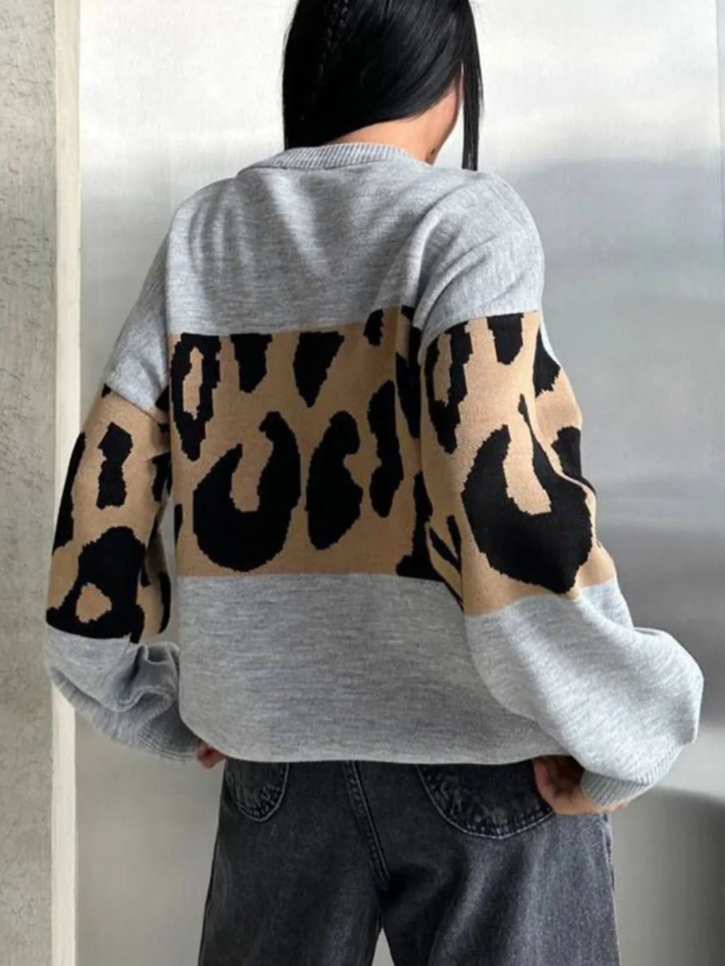 Leopard Color Block Round Neck Sweater - Tops by Trendsi | Available at Handbags Specialist Headquarter
