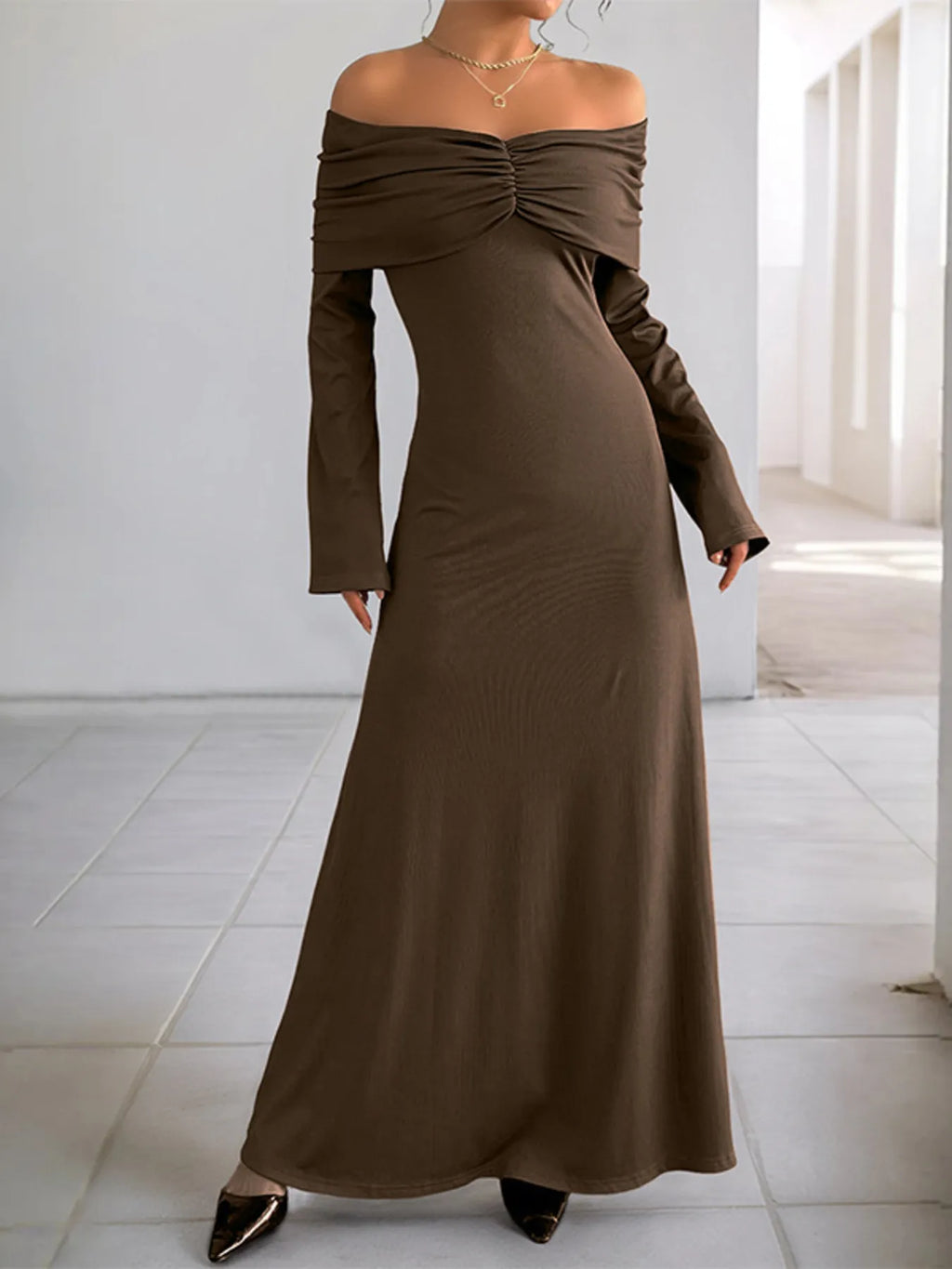 Off-Shoulder Long Sleeve Bodycon Maxi Dress - Maxi Dress by Trendsi | Available at Handbags Specialist Headquarter