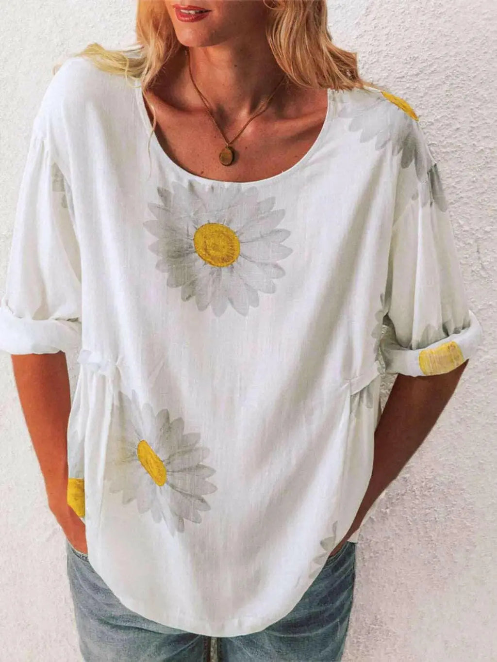 Full Size Flower Round Neck Half Sleeve T-Shirt Plus Size - Women Plus Size by Trendsi | Available at Handbags Specialist Headquarter