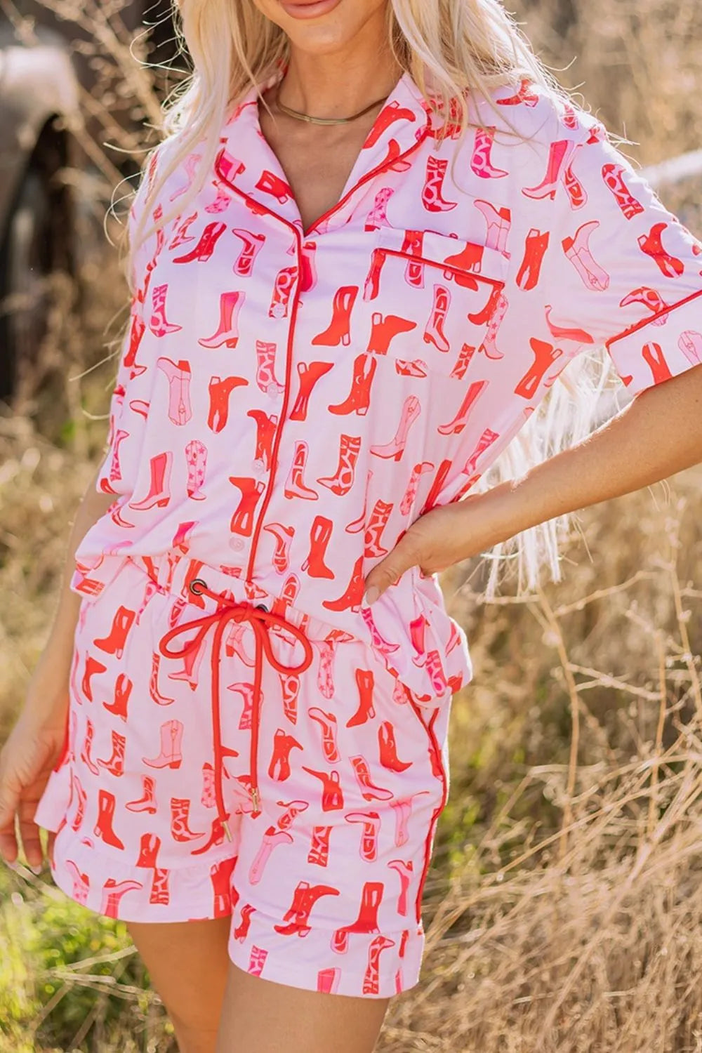 Cowgirl Boots Printed Shirt and Shorts Set - Sleepwear by Trendsi | Available at Handbags Specialist Headquarter