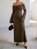 Off-Shoulder Long Sleeve Bodycon Maxi Dress - Maxi Dress by Trendsi | Available at Handbags Specialist Headquarter