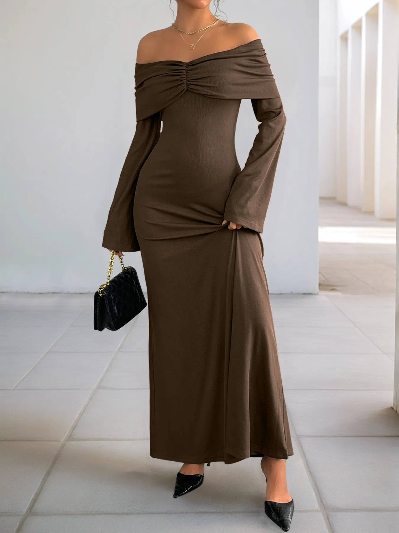 Off-Shoulder Long Sleeve Bodycon Maxi Dress - Maxi Dress by Trendsi | Available at Handbags Specialist Headquarter