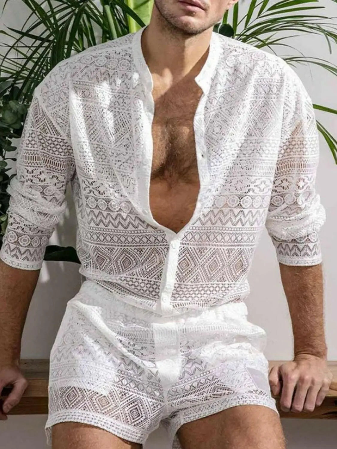 Men's Full Size Lace Button Down Top and Shorts Set Plus Size - Men's Sets by Trendsi | Available at Handbags Specialist Headquarter
