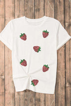 Sequin Strawberry Crew Neck Short Sleeve T Shirt - Tops by Trendsi | Available at Handbags Specialist Headquarter