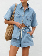 Button Up Short Sleeve Top and Shorts Denim Set - Women / Jeans & Denim by Trendsi | Available at Handbags Specialist Headquarter
