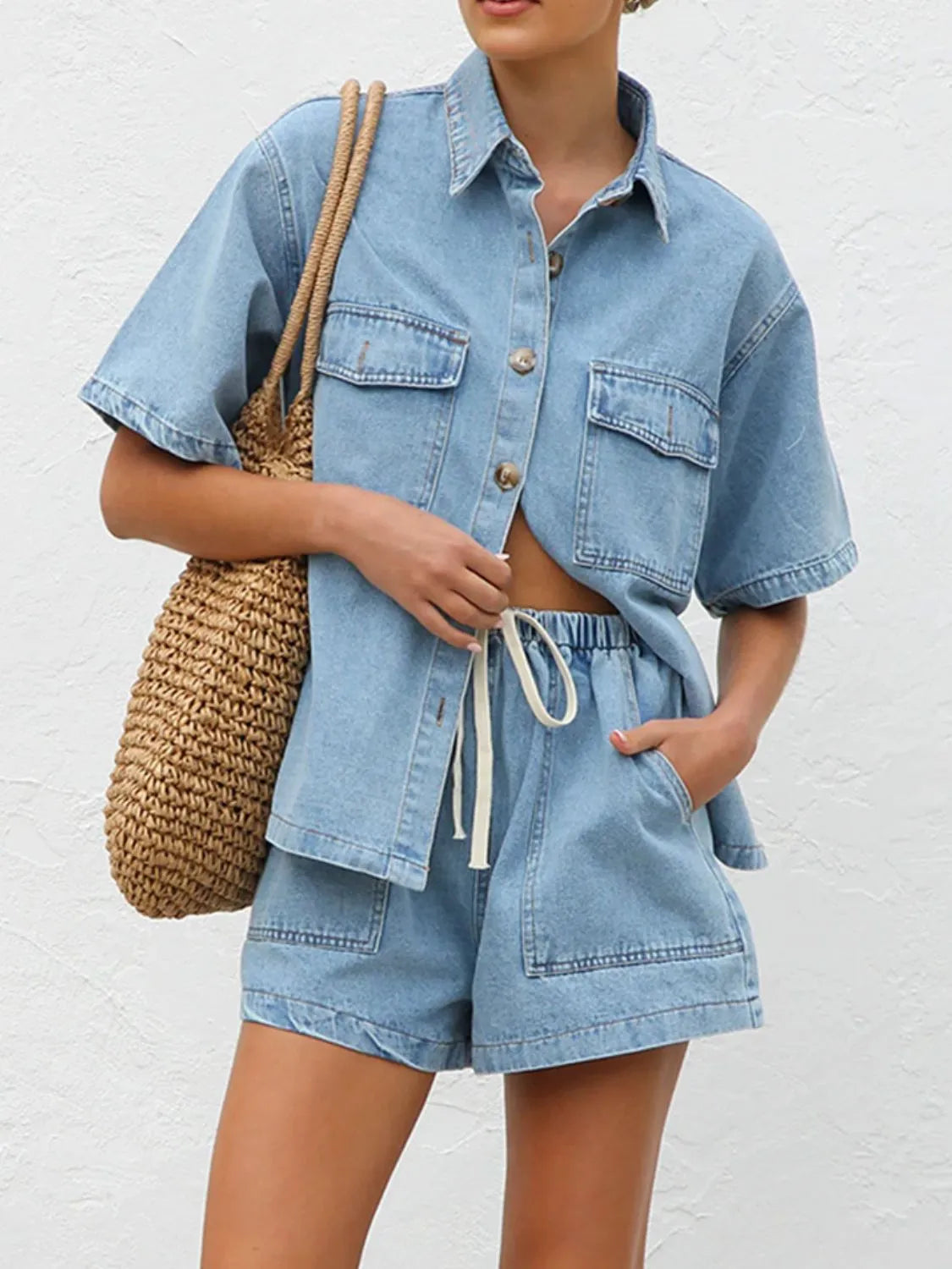 Button Up Short Sleeve Top and Shorts Denim Set - Women / Jeans & Denim by Trendsi | Available at Handbags Specialist Headquarter
