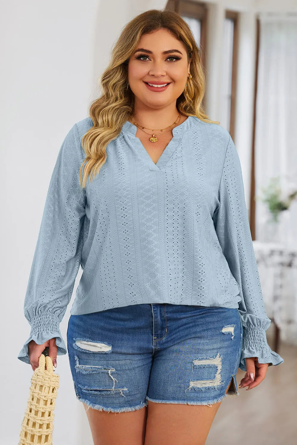 Plus Size Eyelet Notched Flounce Sleeve Blouse - Plus Size Shirts by Trendsi | Available at Handbags Specialist Headquarter