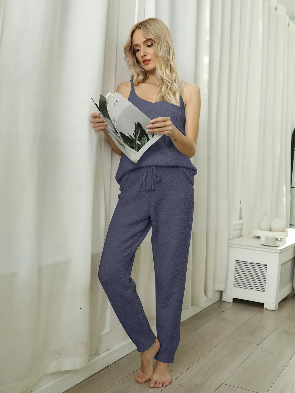 Fuzzy V-Neck Cami and Pants Lounge Set - Sleepwear by Trendsi | Available at Handbags Specialist Headquarter