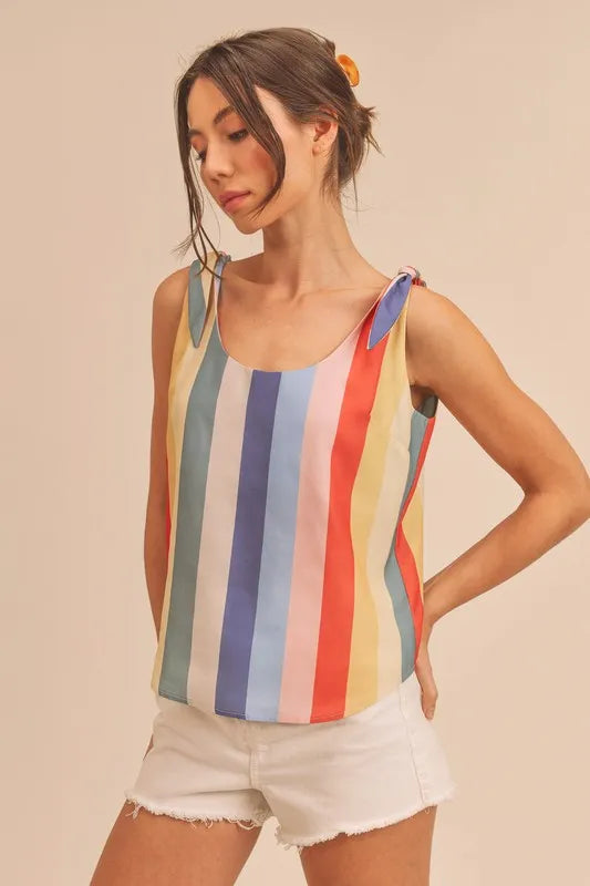 Aemi + Co Contrast Striped Scoop Neck Tie Shoulder Tank - Tops by Trendsi | Available at Handbags Specialist Headquarter