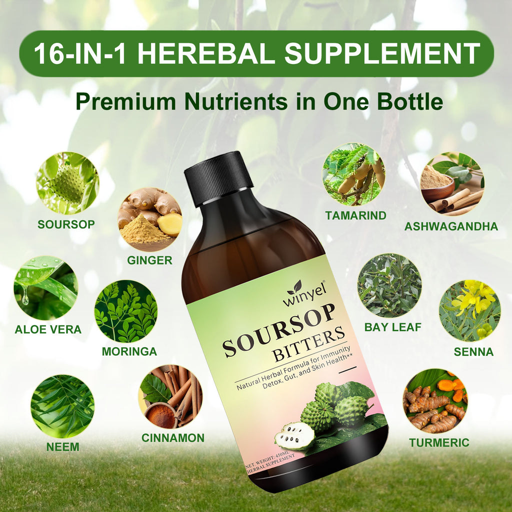 Bottle of herbal supplement with images of soursop, ginger, aloe vera, and other herbs on green.