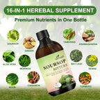 Bottle of herbal supplement with images of soursop, ginger, aloe vera, and other herbs on green.