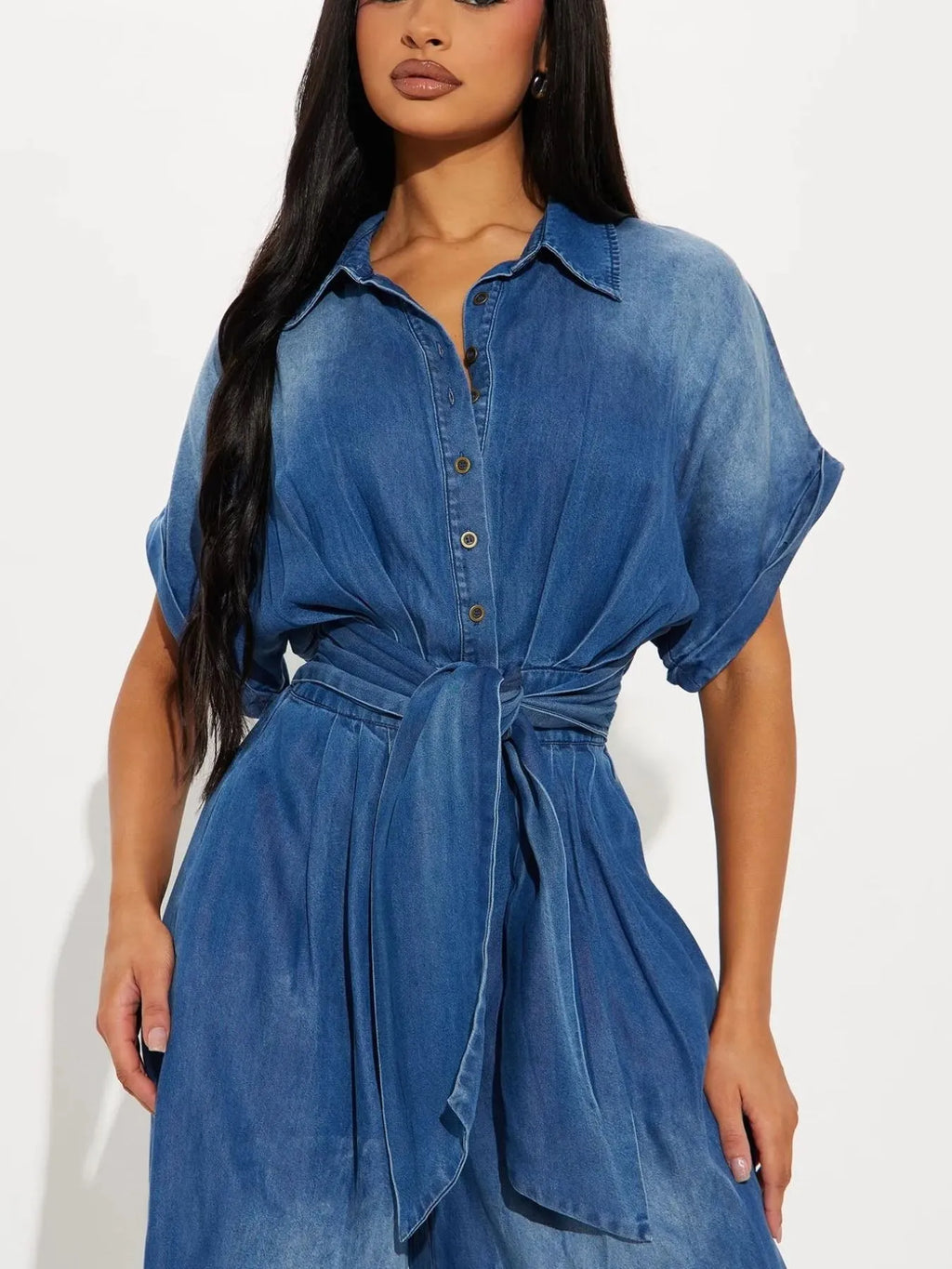 Button Front Wide Leg Denim Jumpsuit - Women / Jeans & Denim by Trendsi | Available at Handbags Specialist Headquarter