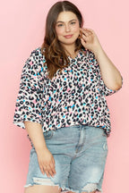Plus Size Leopard V-Neck Three-Quarter Sleeve Blouse - Plus Size Shirts by Trendsi | Available at Handbags Specialist Headquarter