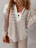 Striped V-Neck Long Sleeve Knit Hoodie - Tops by Trendsi | Available at Handbags Specialist Headquarter