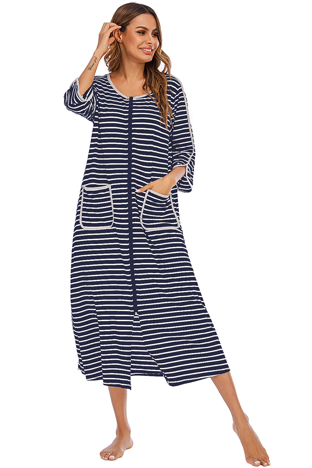 Round Neck Three-Quarter Sleeve Midi Night Dress - Sleepwear by Trendsi | Available at Handbags Specialist Headquarter